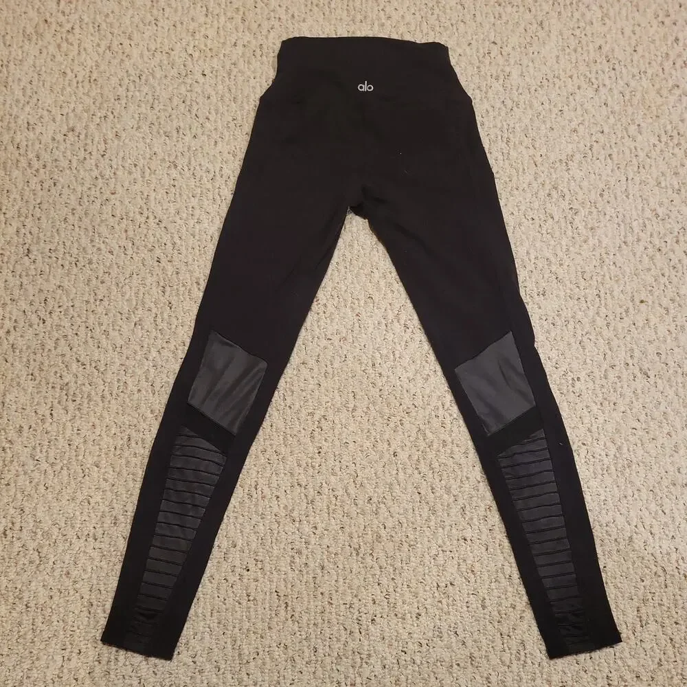 Alo Yoga Women’s High-Waist Mesh Black Moto Leggings Active Yoga Gym Size XS